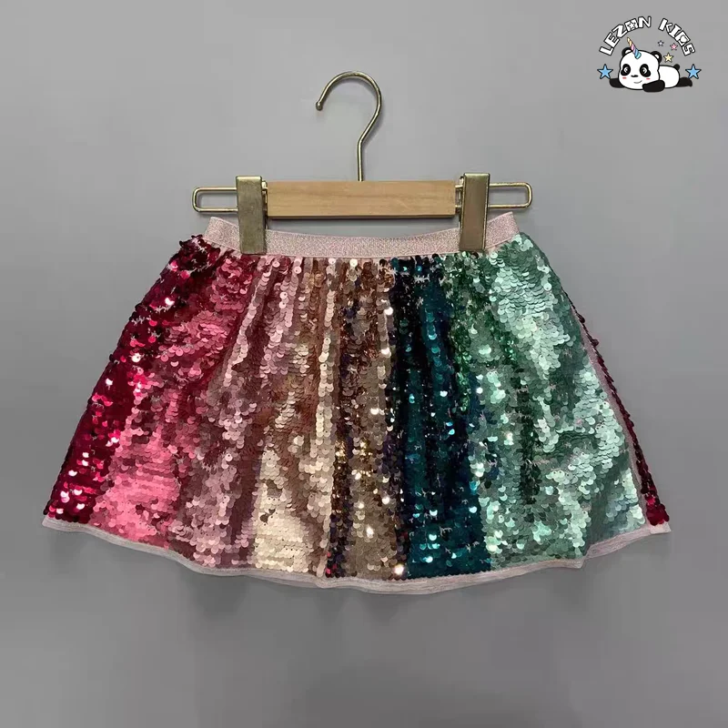 LEZONKIDS - Wholesale Cute Color Gradient Sequin Satin Short Skirts Girls Sexy Mini Party Wear Breathable Lace Skirts